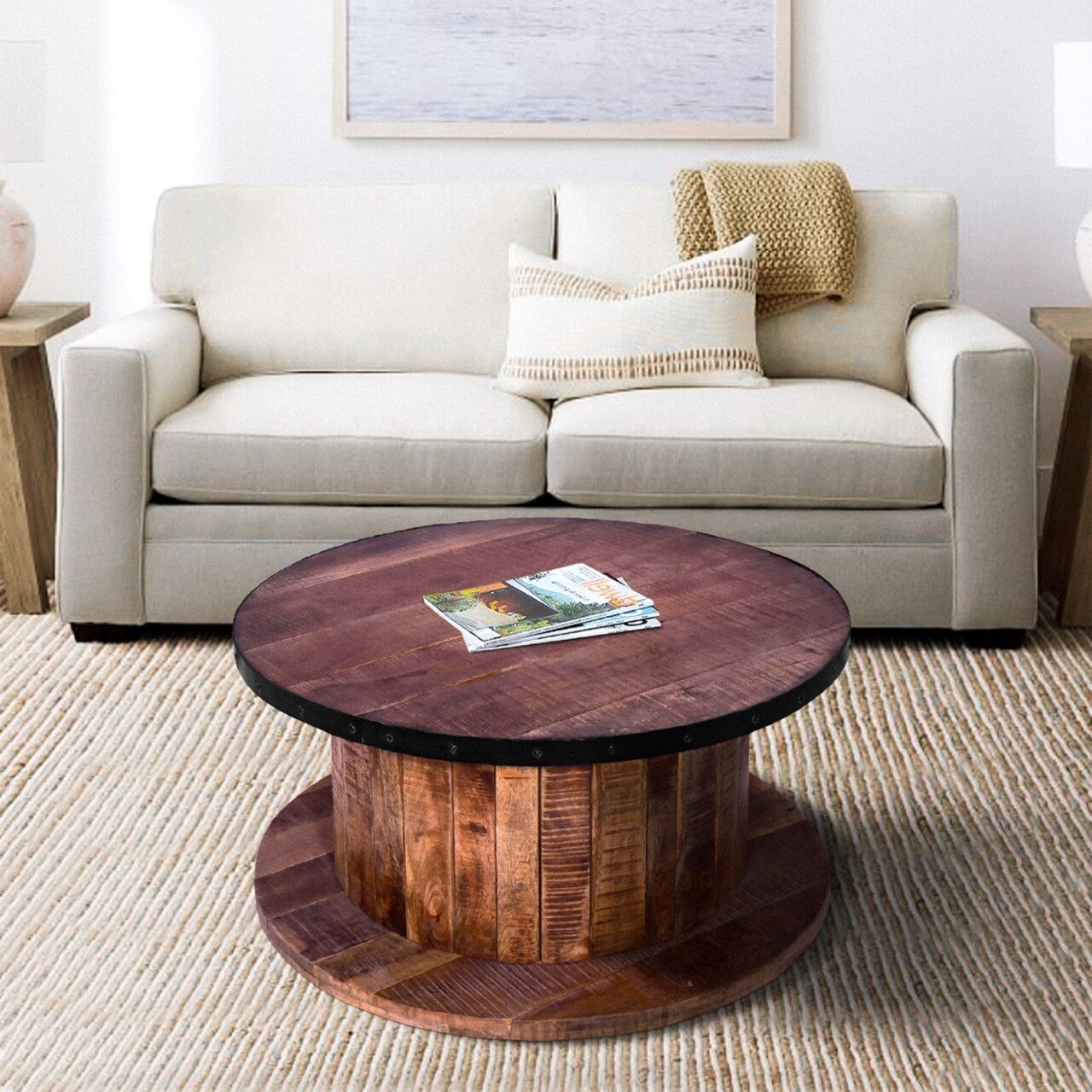 Saltoro Sherpi 36 Inch Mango Wood Farmhouse Coffee Table with Rustic Plank Style Round Top and Base, Walnut and Natural Brown- Saltoro